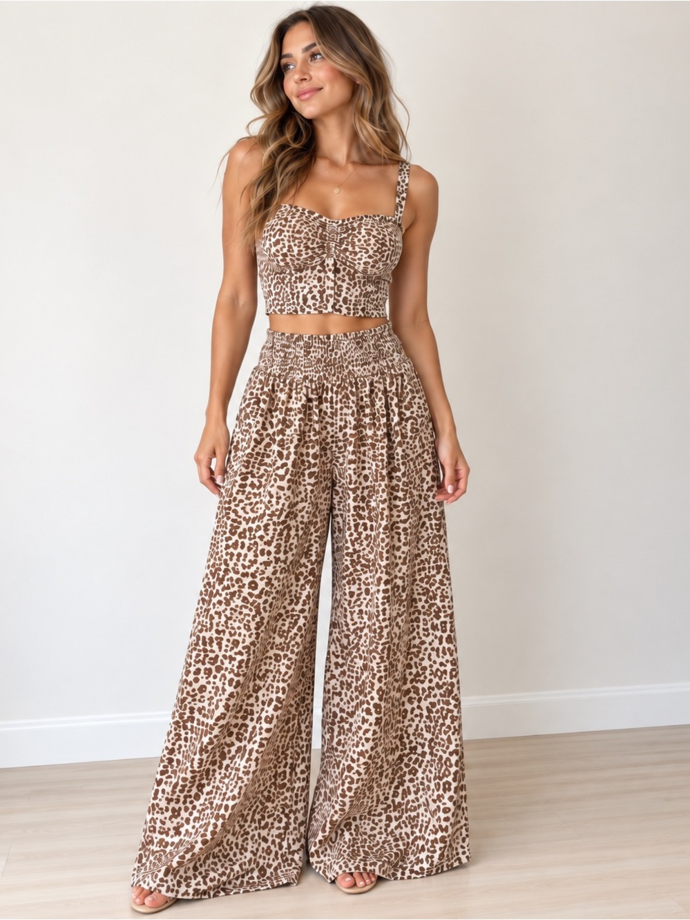 Paper Crane Brown Leopard Wide-Leg Pants & Cropped Tank Set